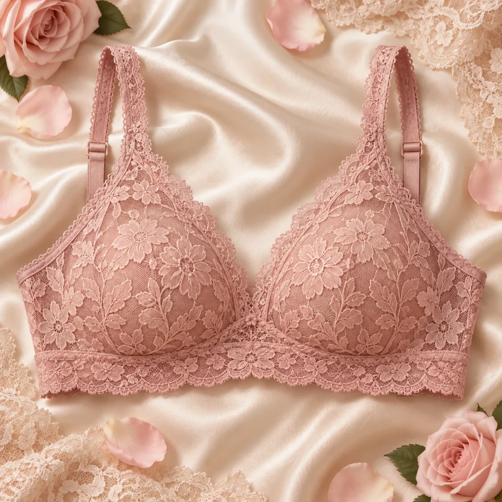 Stretch lace wireless bra featuring comfortable floral lace fabric and a soft elegant satin setting.