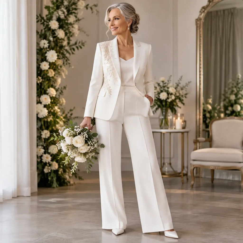 Elegant mature bride wearing a tailored ivory bridal pantsuit with wide-leg trousers, floral embroidered blazer, holding a white bouquet in a softly lit wedding venue with floral decorations.