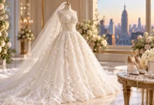 Taylor Swift Wedding Dress inspired elegant ivory lace bridal gown on a mannequin with white flowers, bridal heels, jewelry, and a luxurious wedding setting.