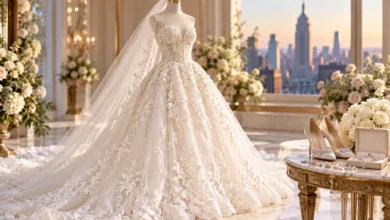 Taylor Swift Wedding Dress inspired elegant ivory lace bridal gown on a mannequin with white flowers, bridal heels, jewelry, and a luxurious wedding setting.