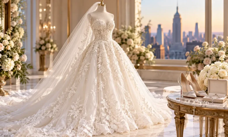 Taylor Swift Wedding Dress inspired elegant ivory lace bridal gown on a mannequin with white flowers, bridal heels, jewelry, and a luxurious wedding setting.