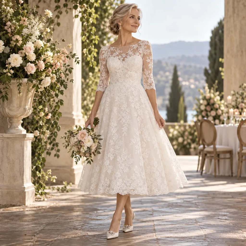 Mature bride wearing a charming ivory tea-length A-line wedding dress with a flattering flared skirt, lace detailing, and a classic elegant style for an intimate wedding celebration.