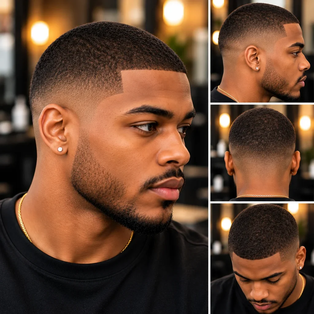 Black man with a short buzz cut, crisp line up, faded sides, and a well-groomed beard.