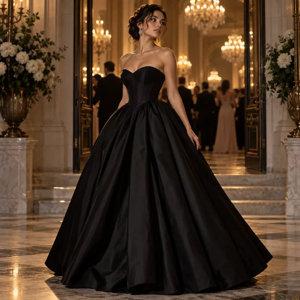 Classic black ball gown prom dress with full skirt and elegant corset bodice in a grand ballroom