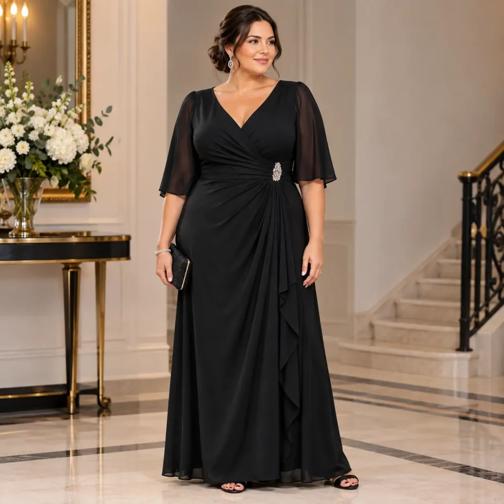 Plus size woman wearing a classic black Chesca evening dress with ruched waist