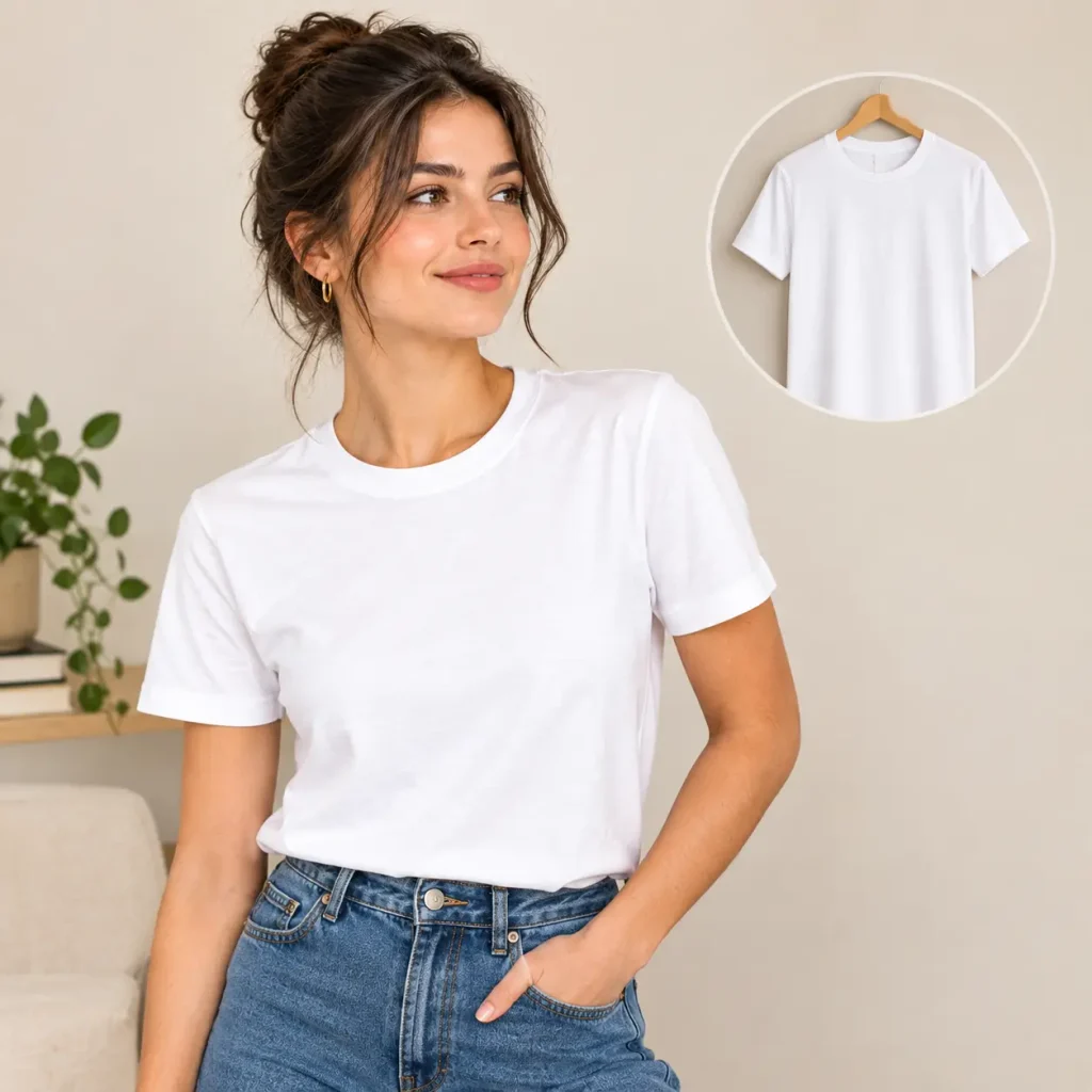 Woman wearing a classic white crew neck tee with blue jeans