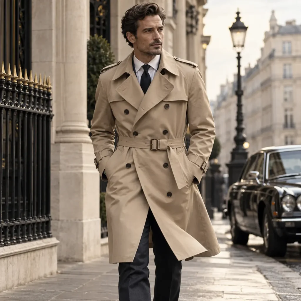 Classic beige double-breasted gabardine trench coat worn by a man walking on a luxury city street