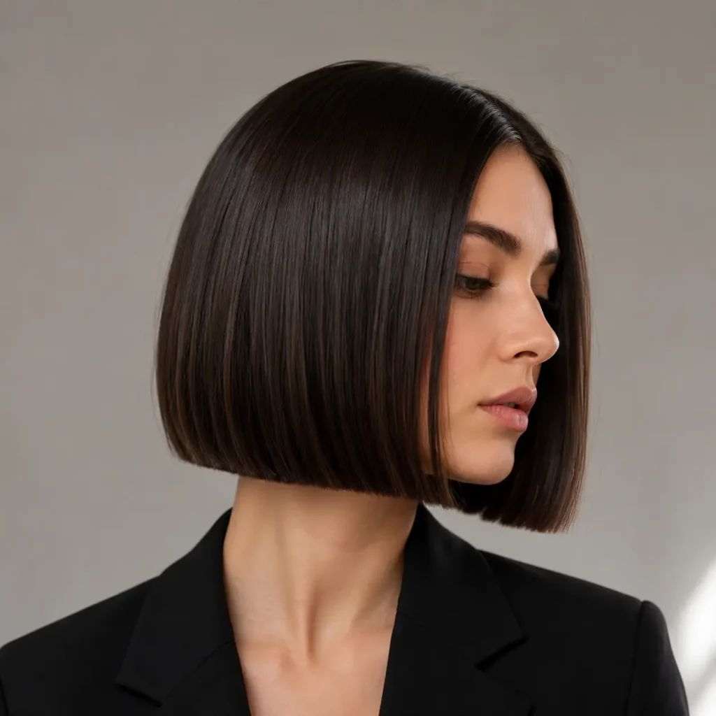 Classic precision blunt bob haircut with a sharp, even jawline-length perimeter