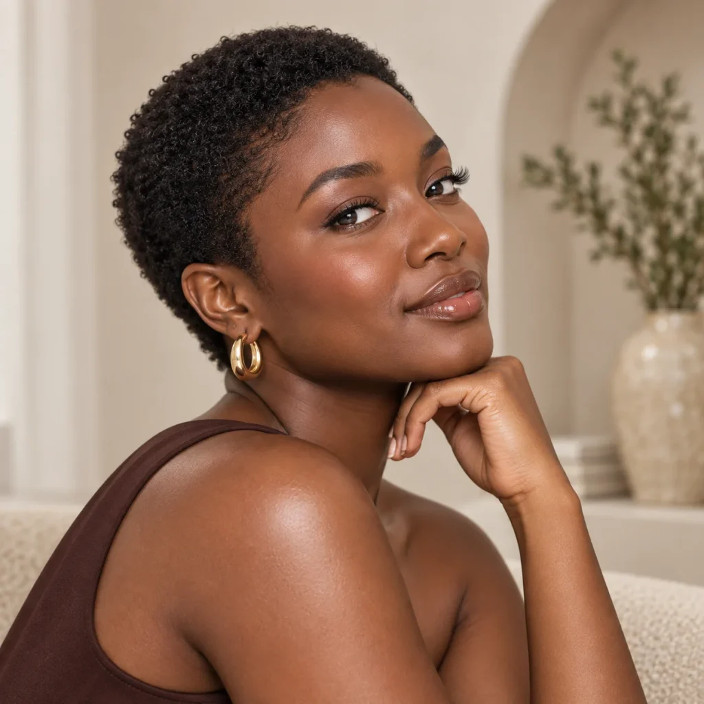 Black woman wearing a classic TWA with short natural curls