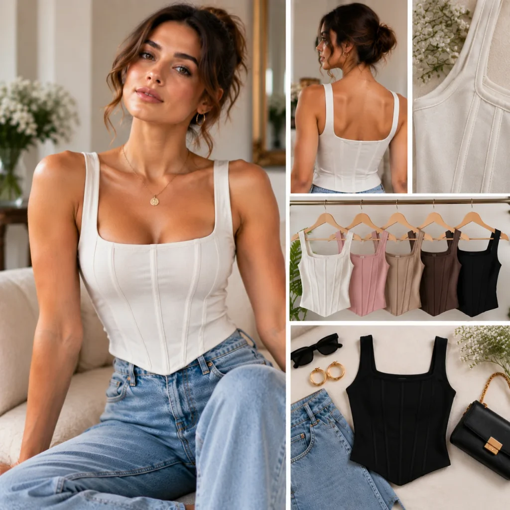 Corset-inspired tank top with structured seams and fitted silhouette styled with jeans for a chic modern outfit