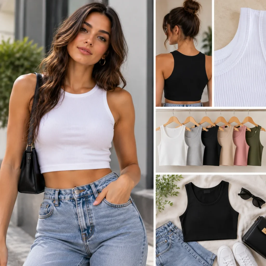 Women's white crop tank top paired with high-waisted jeans showcasing a trendy cropped silhouette and modern summer fashion style