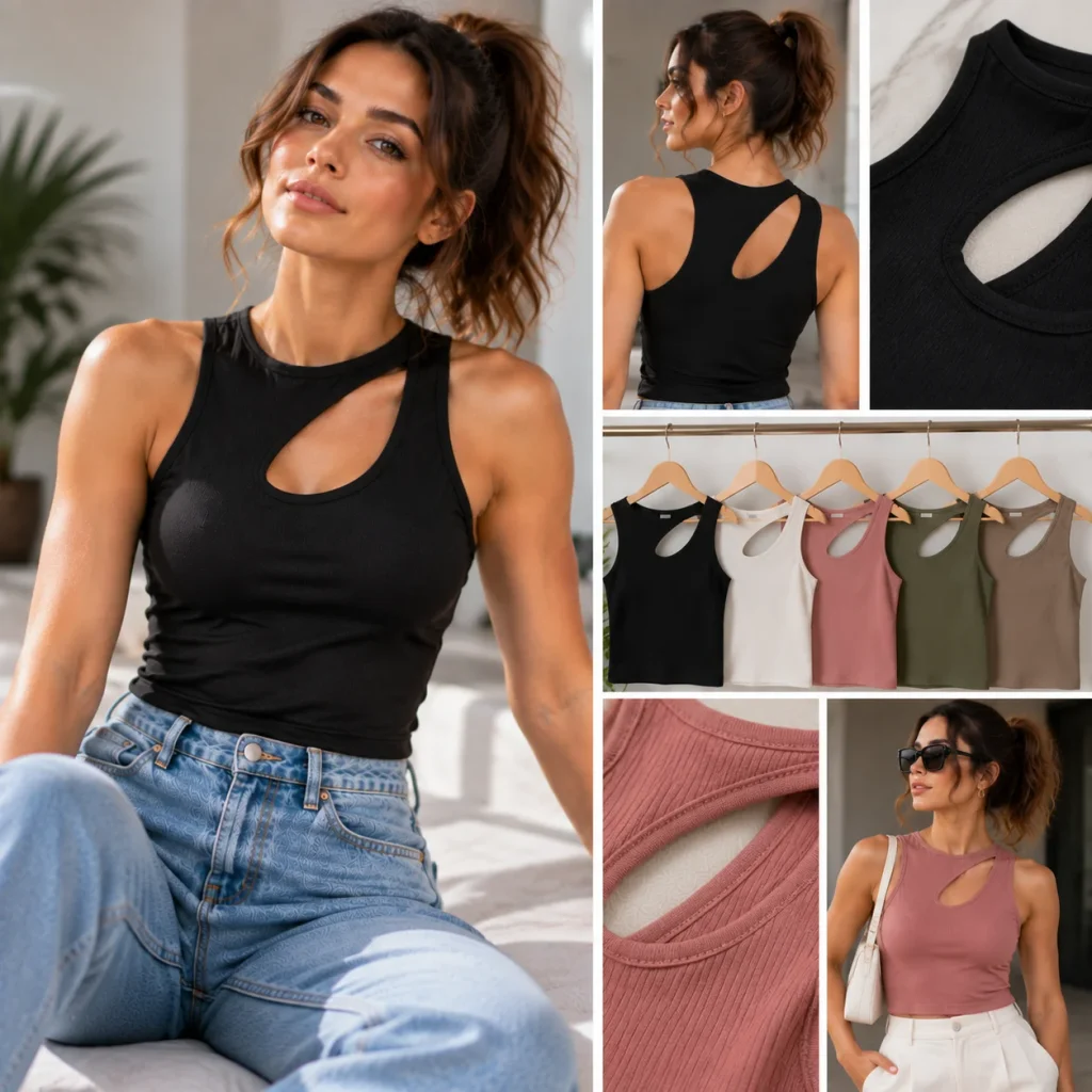 Women's cutout tank top featuring unique cutout detail, ribbed fabric texture, and contemporary fashion styling