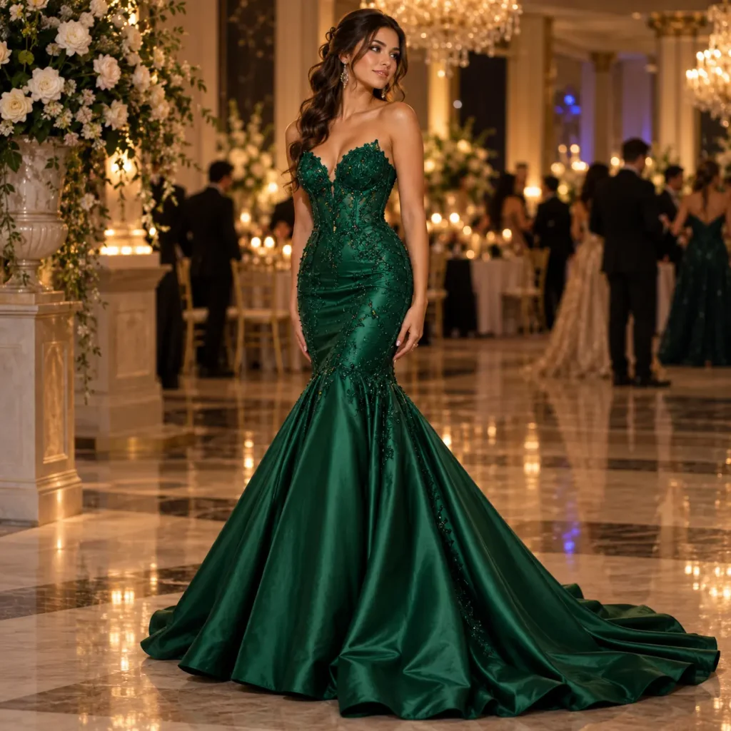 Emerald green mermaid prom gown with elegant fitted silhouette and sparkling details in a luxury ballroom setting