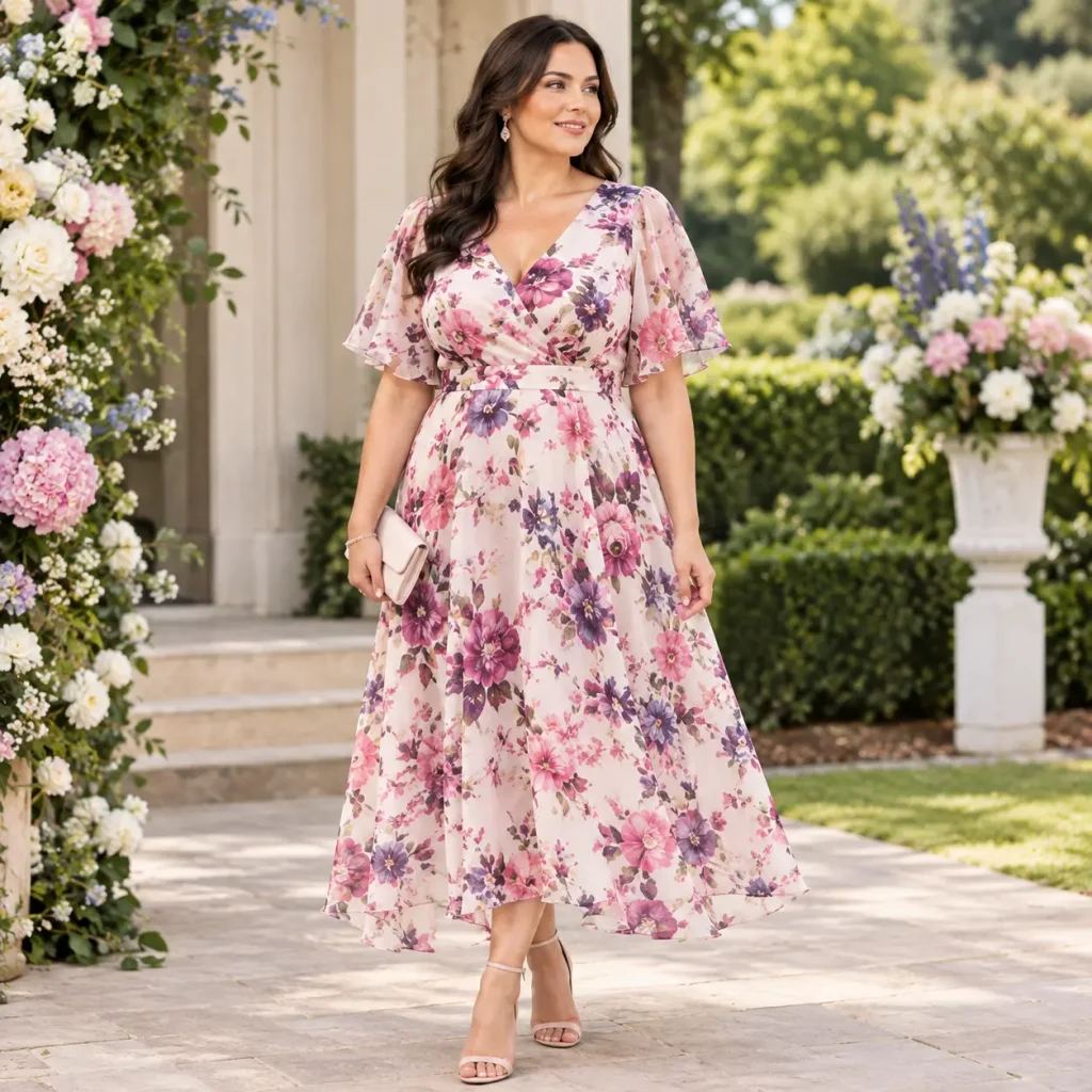 Plus size woman wearing an elegant floral Chesca wedding guest dress in a garden setting