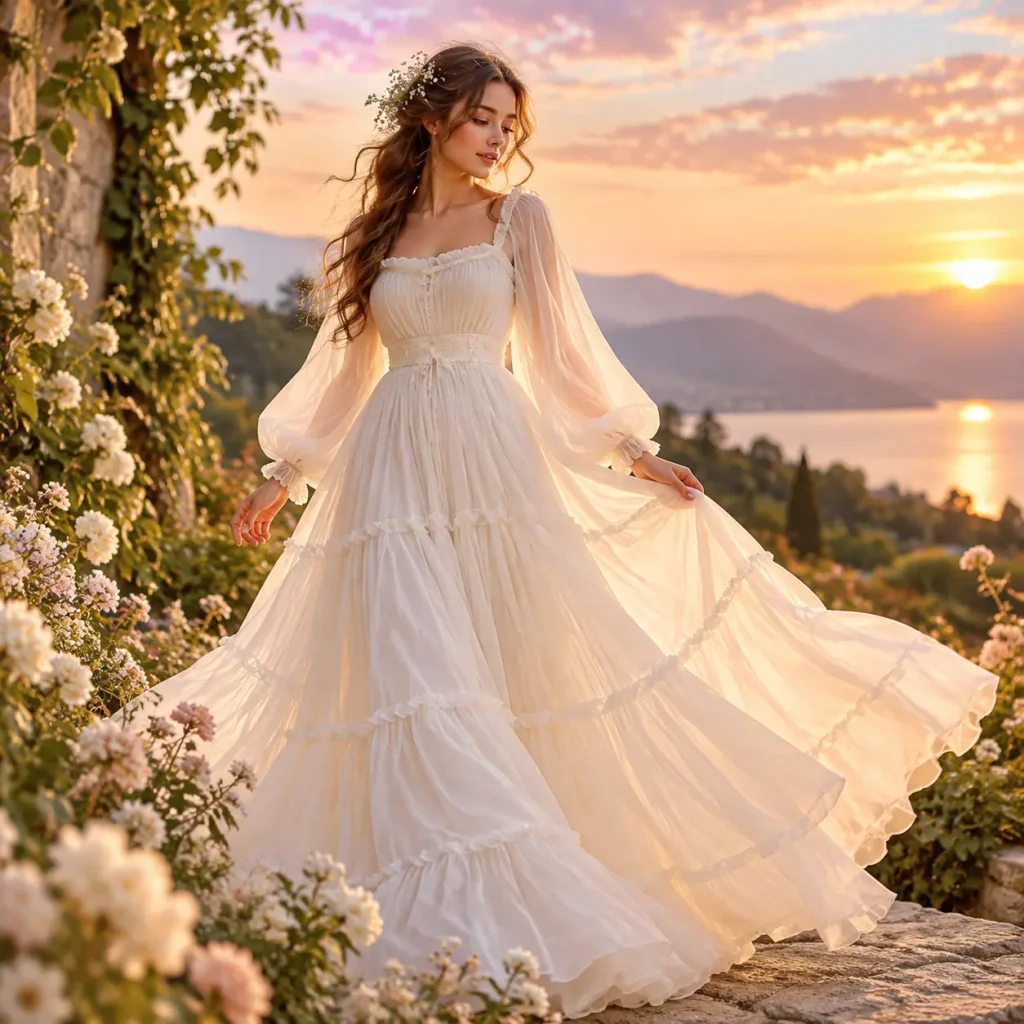 Flowing white maxi dress with sheer layered fabric worn in a romantic garden setting at golden hour