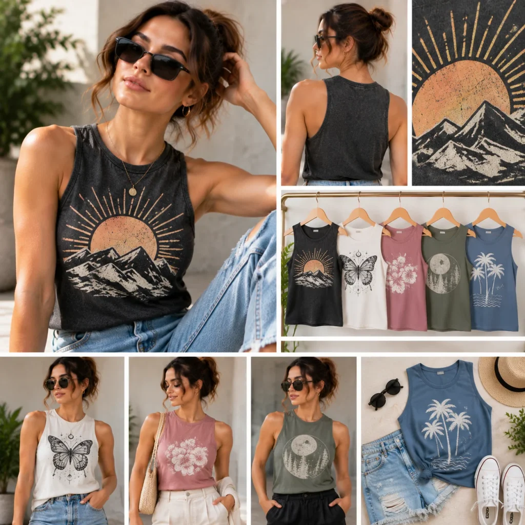Vintage graphic tank top with artistic print designs styled with denim and casual streetwear accessories