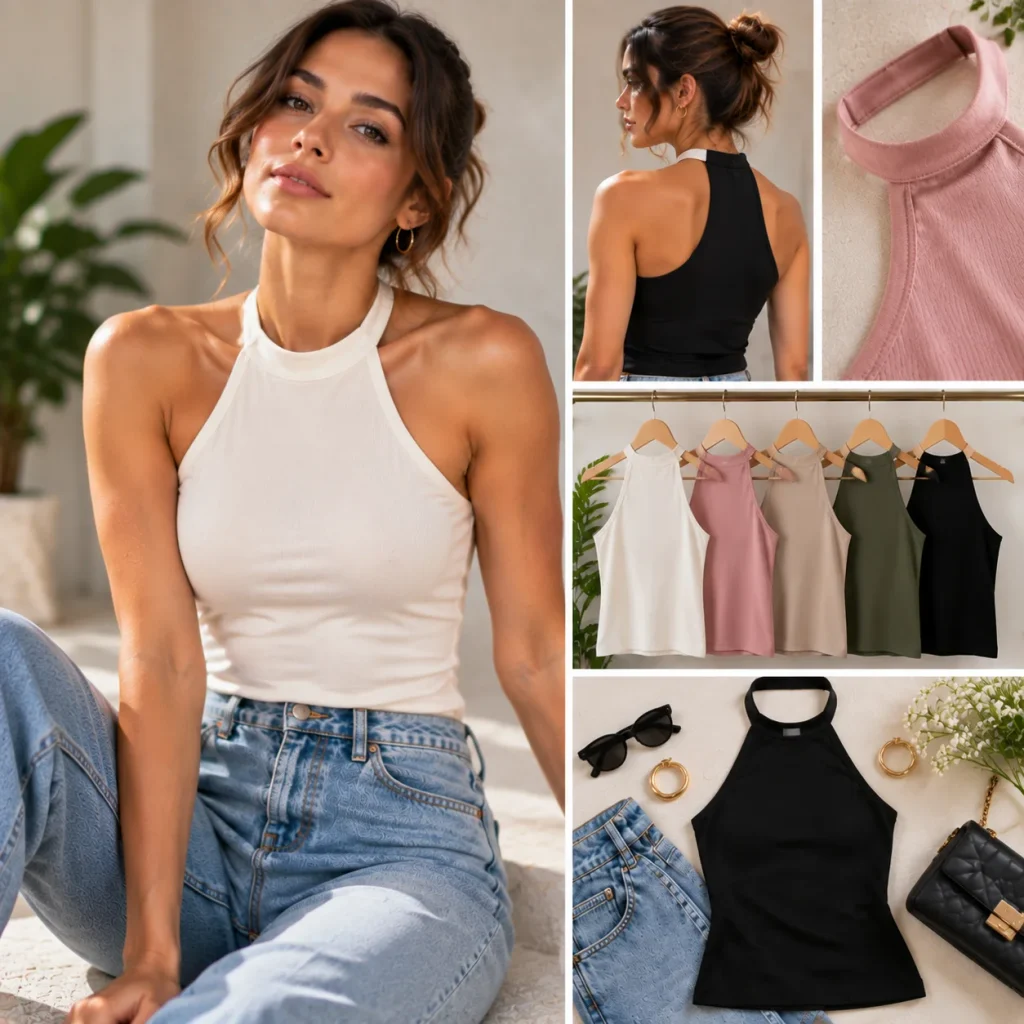 Women's halter-neck tank top with modern neckline design styled with denim and minimalist fashion accessories