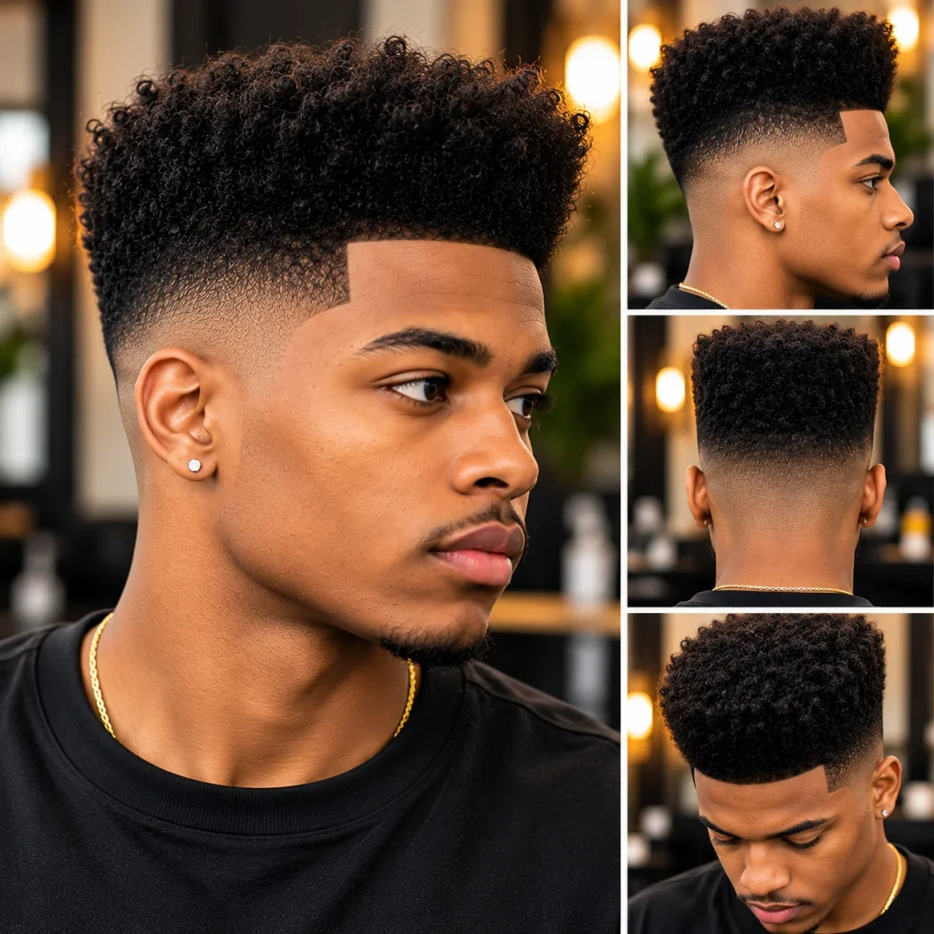 Black man with a modern high top fade, thick textured hair on top, and precisely faded sides.