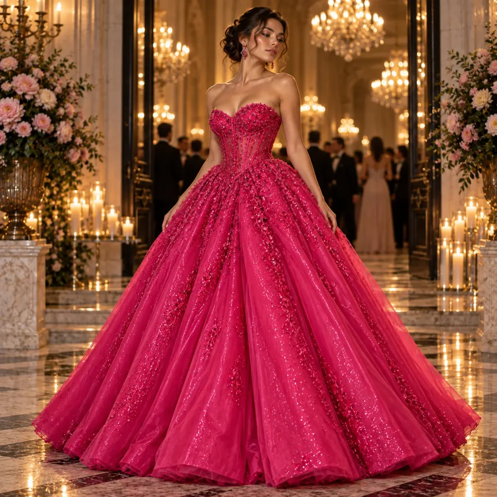 Hot pink corset ball gown prom dress with sparkling embellishments and voluminous skirt for a glamorous prom look