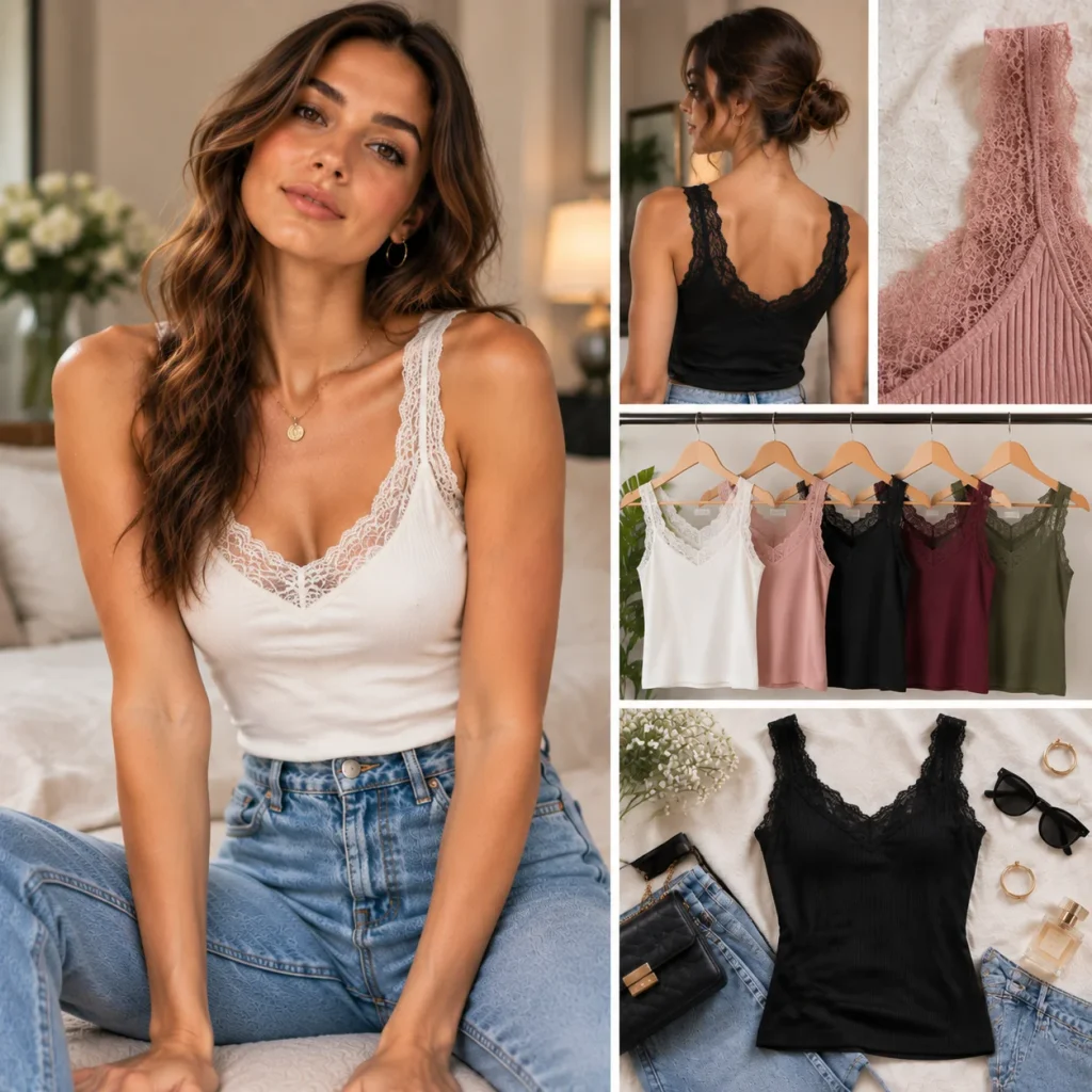 Feminine lace tank top with delicate lace detailing styled with jeans and elegant fashion accessories