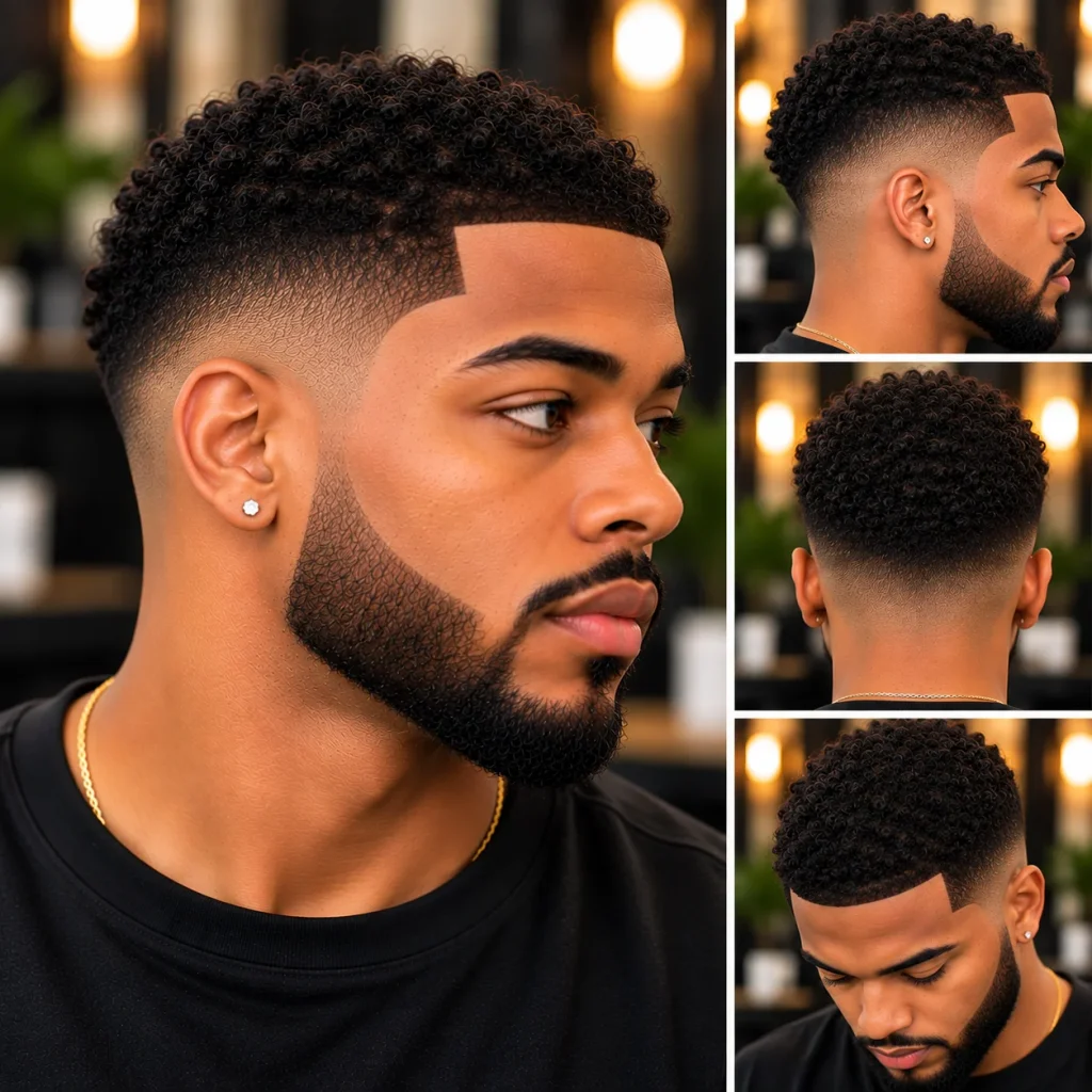 Black man showcasing a sharp line up haircut with textured curls, skin fade, and a precisely shaped full beard.