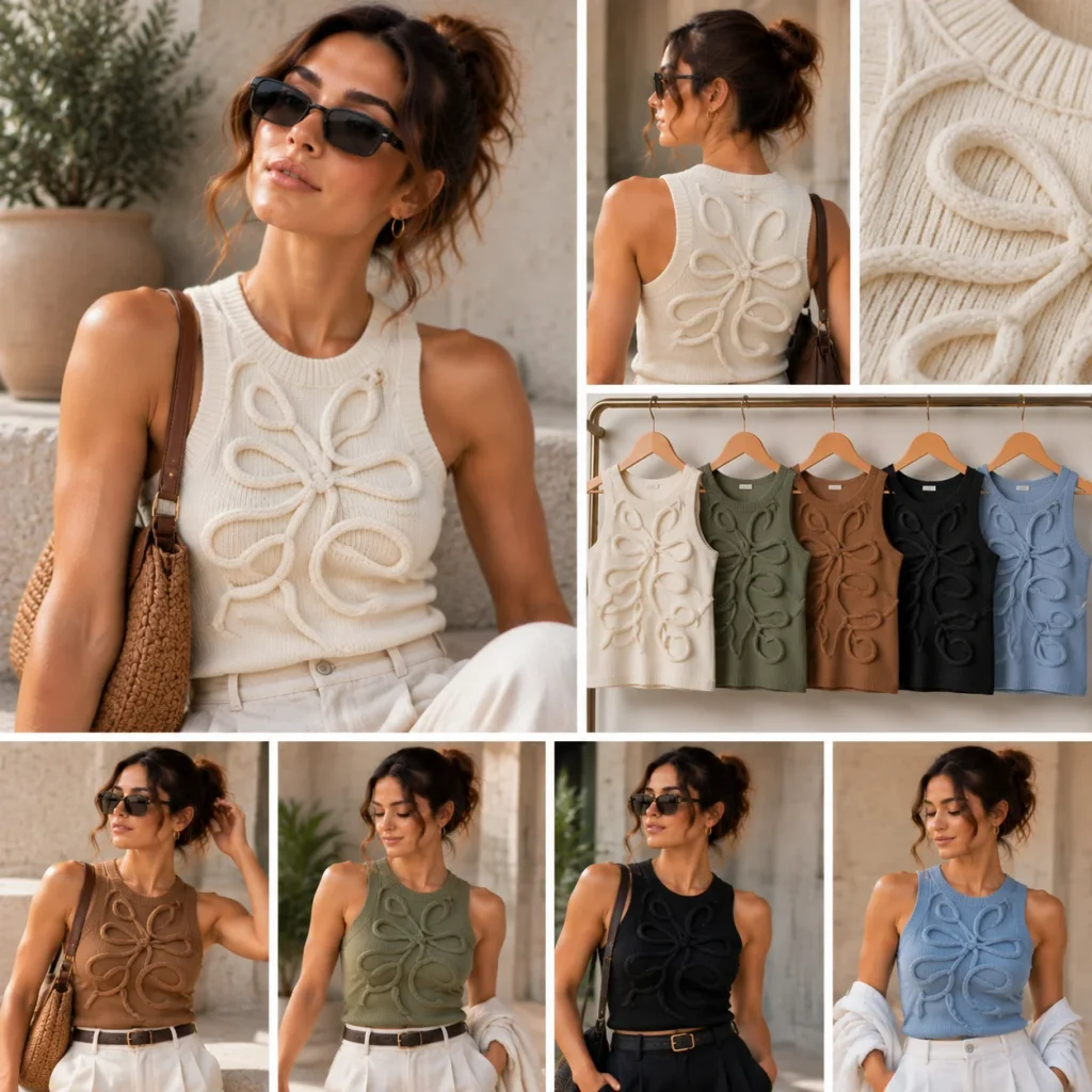 Artisanal tank top featuring textured knit details and unique design elements with luxury-inspired fashion styling
