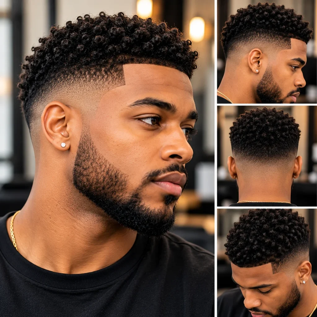 Black man with a clean low fade haircut, defined curly top, sharp line up, and neatly groomed beard.
