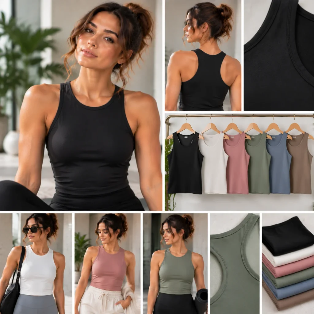 Elevated basic athletic tank top with premium fitted design, smooth fabric texture, and versatile gym-to-casual styling
