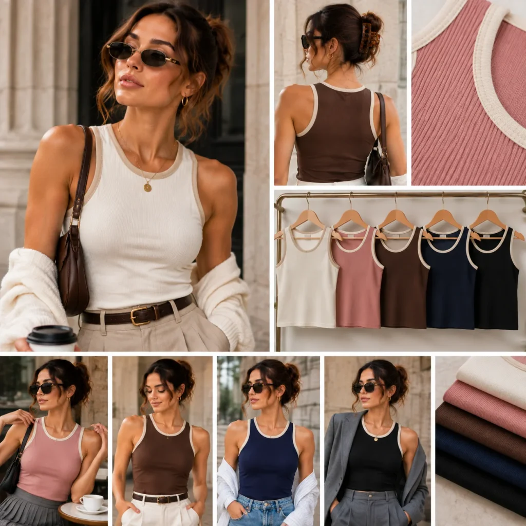 Quiet luxury ribbed tank top with refined details styled with tailored clothing and minimalist designer-inspired fashion