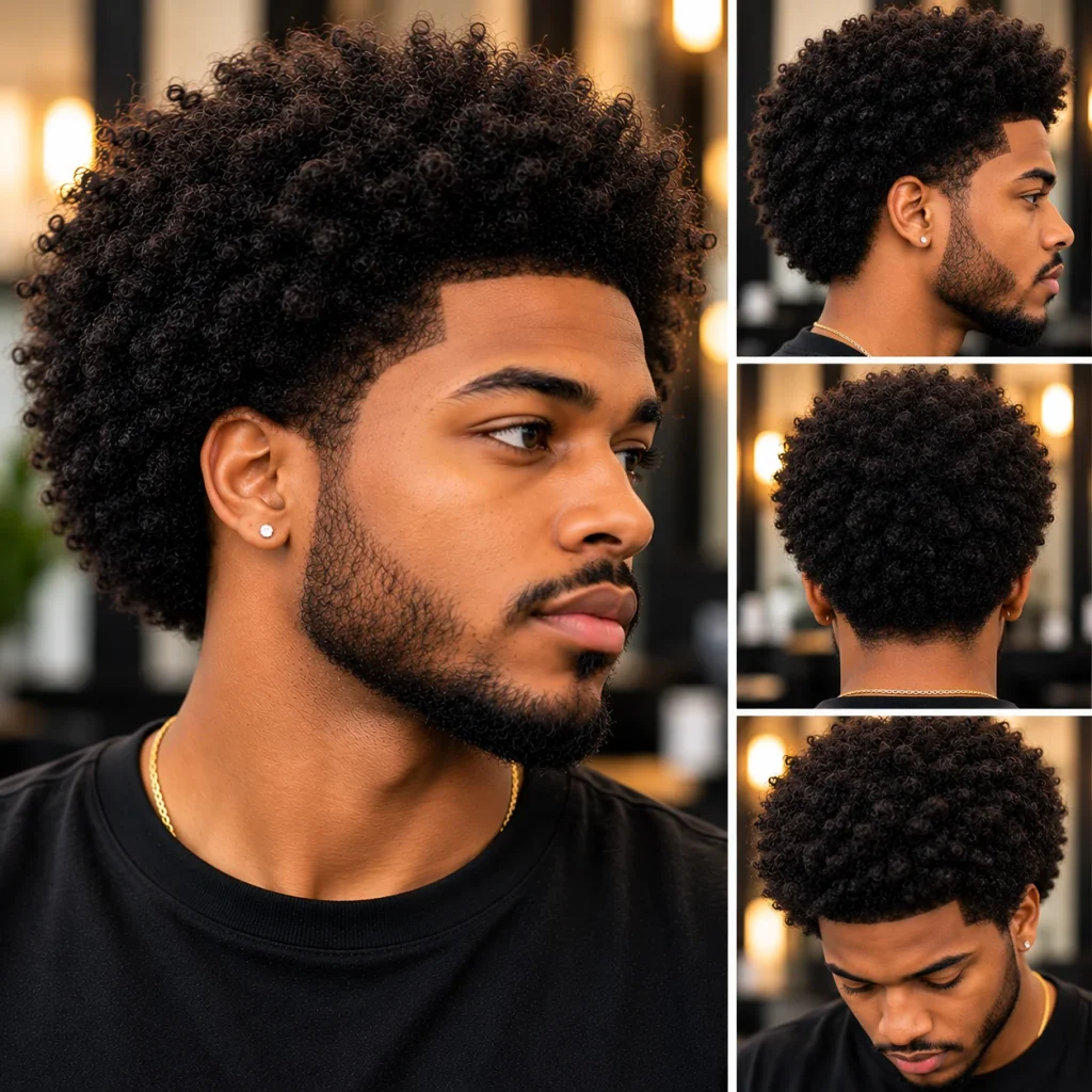 Black man with a full natural afro hairstyle, defined curls, shaped edges, and a neatly trimmed beard.