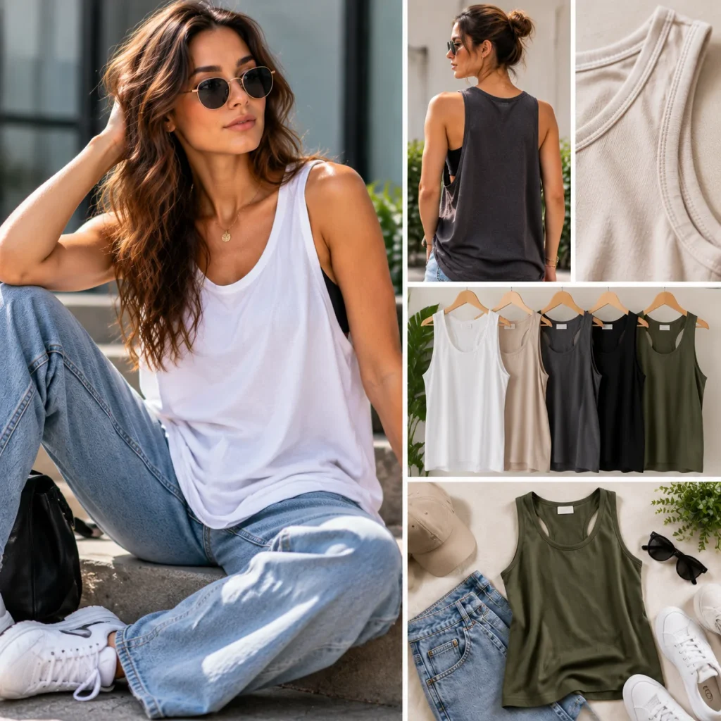 Relaxed oversized white tank top styled with loose jeans and casual streetwear accessories for an effortless everyday look