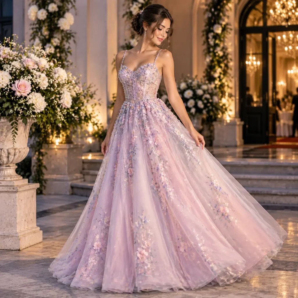Pastel A-line prom dress with floral details and flowing tulle skirt for a romantic elegant style
