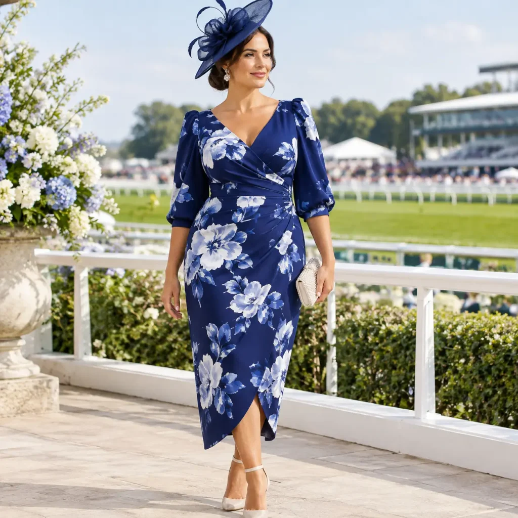 Elegant navy floral race day midi dress with statement fascinator, clutch, and heels at an outdoor race event.
