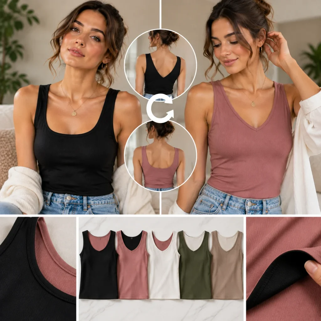 Reversible tank top showing two neckline styles with multiple color options and versatile fashion styling ideas