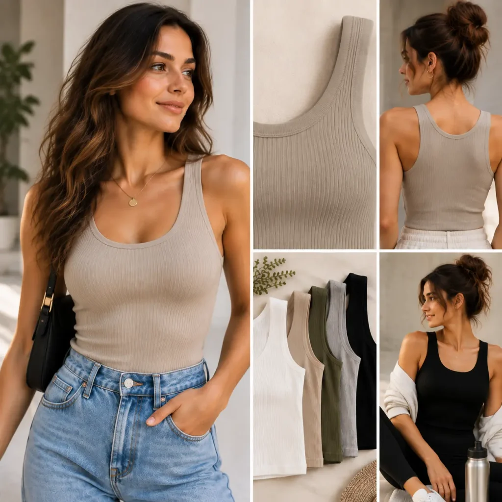 Woman wearing a seamless ribbed tank top with a smooth fitted silhouette for everyday layering
