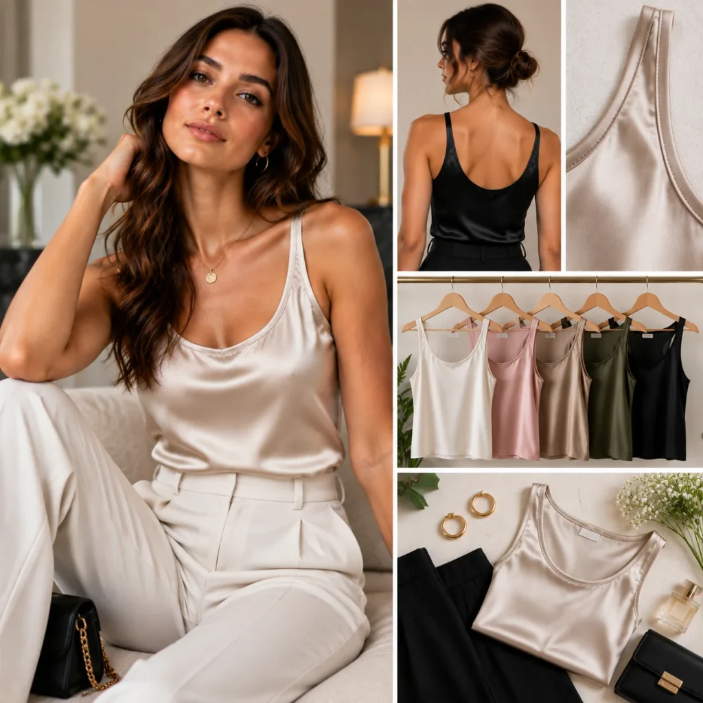 Elegant silk tank top with satin texture styled for luxury evening fashion with tailored trousers and accessories