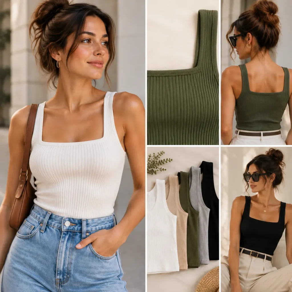 Woman wearing a square-neck ribbed tank top with denim jeans for a modern feminine fashion look