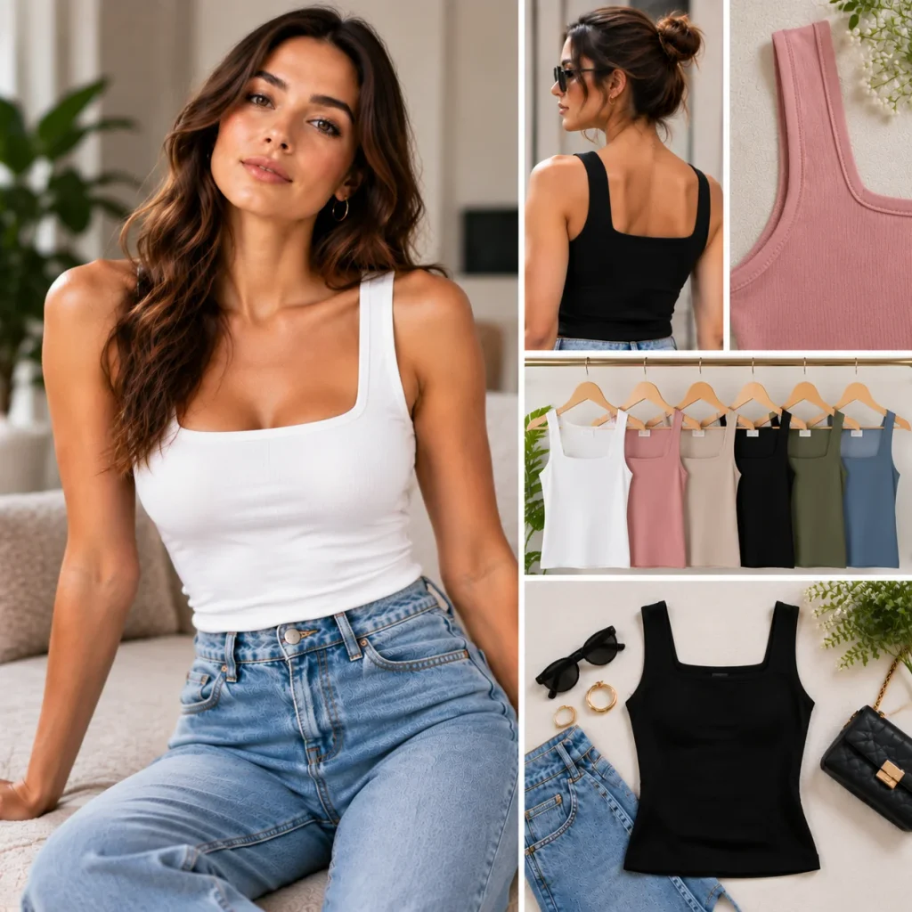 Square-neck ribbed tank top featuring a flattering neckline, neutral colors, and stylish everyday outfit inspiration