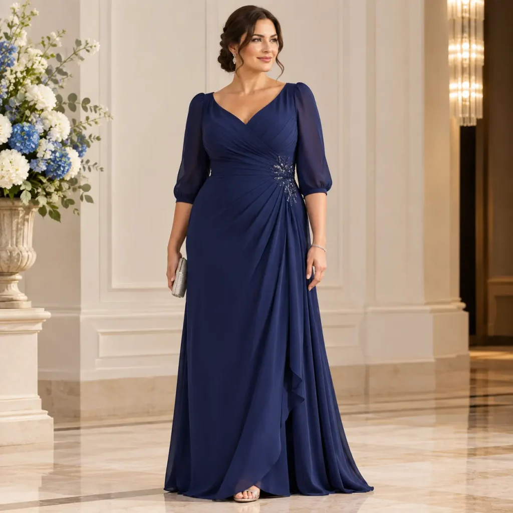 Elegant navy structured occasion gown with ruched bodice, sheer sleeves, jeweled waist detail, and flowing skirt.