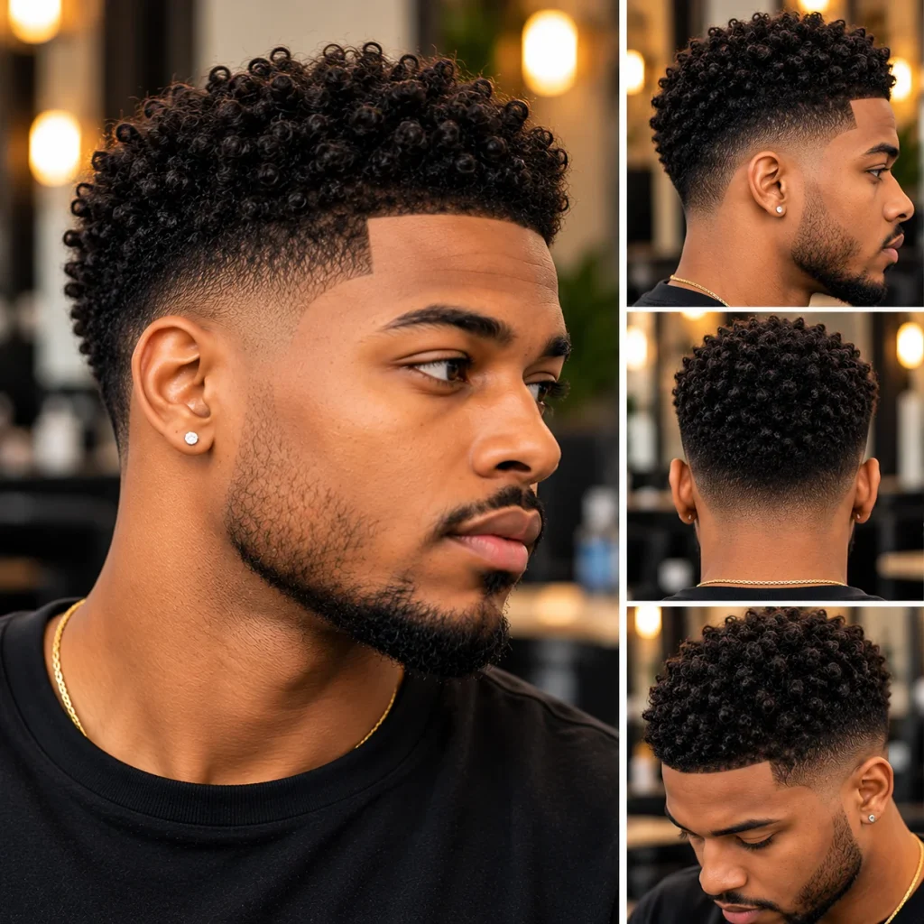 Black man showcasing a stylish taper fade with textured curls, clean edges, and a polished beard.