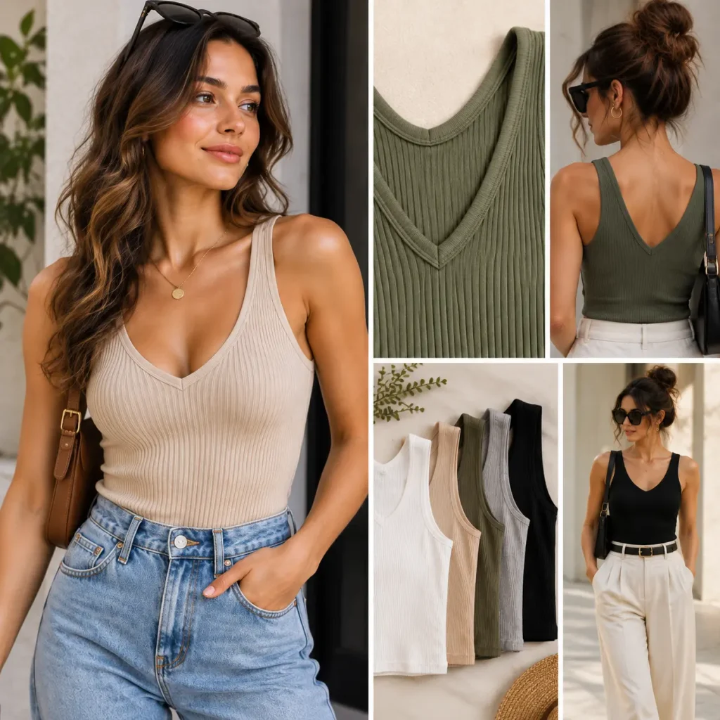Woman wearing a V-neck ribbed tank top with jeans and a stylish everyday casual outfit
