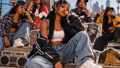 Tomboy 90s Outfits for Black Girls featuring bold baggy jeans, crop tops, oversized jackets, tracksuits and classic hip hop streetwear styles.