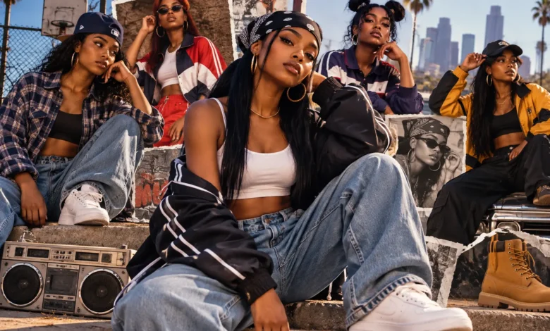 Tomboy 90s Outfits for Black Girls featuring bold baggy jeans, crop tops, oversized jackets, tracksuits and classic hip hop streetwear styles.