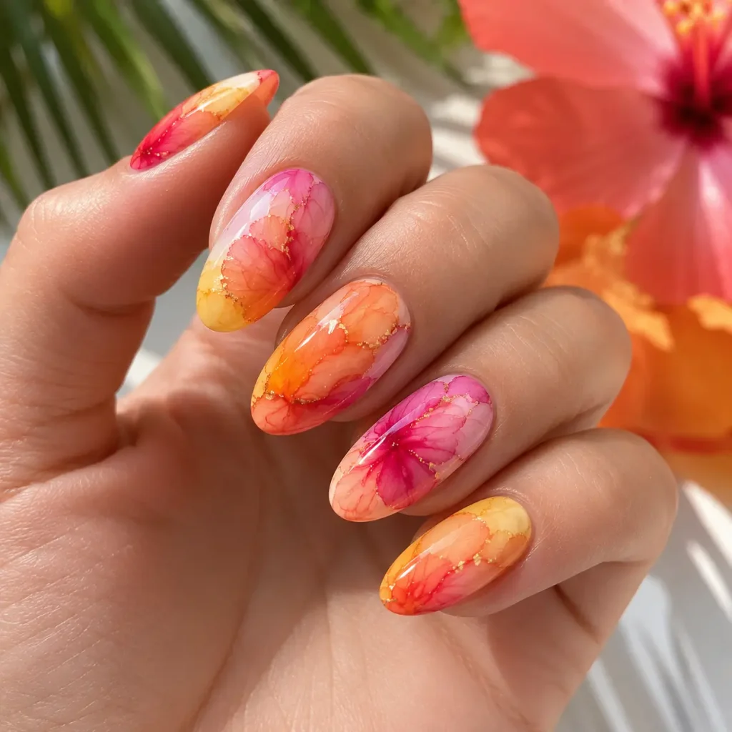 Tropical sunset blooming gel nails with pink orange and yellow tones