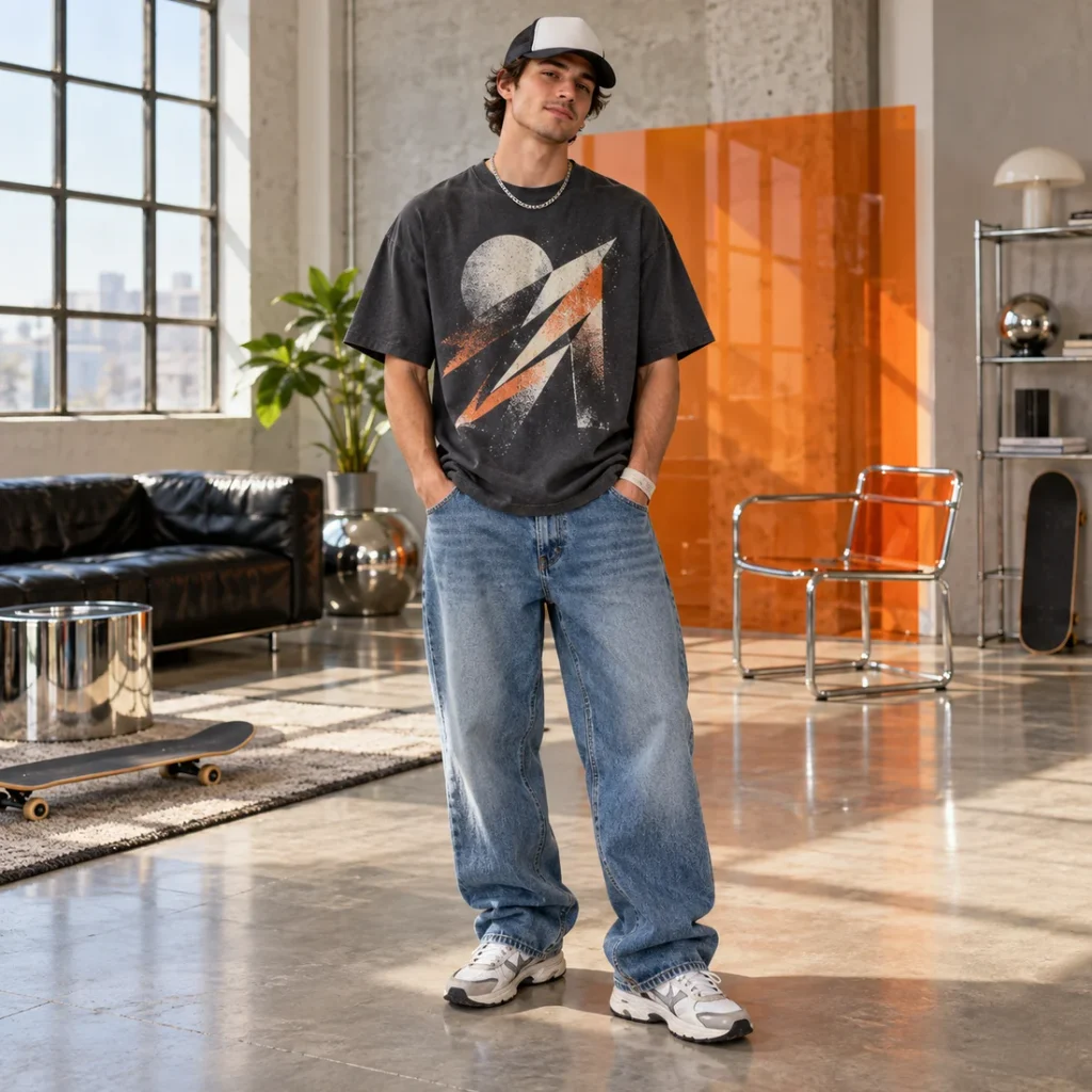 Man wearing a trucker hat with an oversized graphic tee and baggy jeans