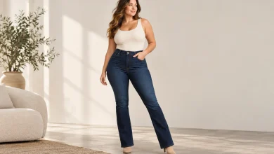 Woman wearing stylish tummy control jeans in a modern neutral interior.