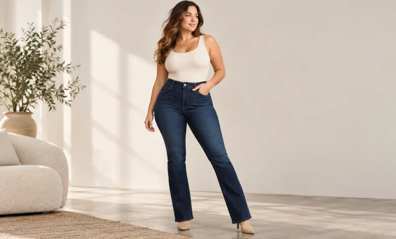 Woman wearing stylish tummy control jeans in a modern neutral interior.