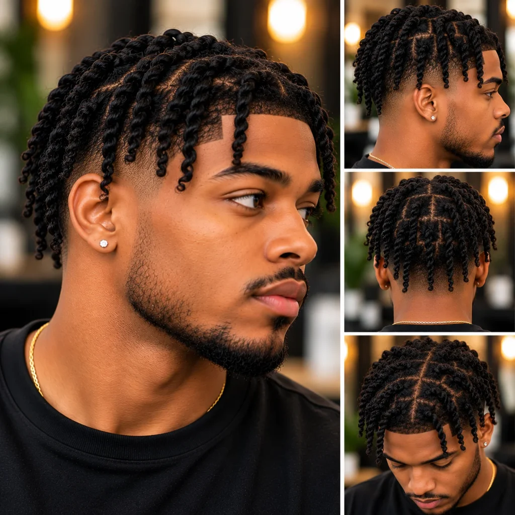 Black man with short twist hairstyle, clean sectioning, tapered faded sides, and a sharp hairline.