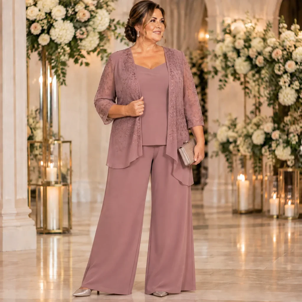 Modern plus size mother of the bride two-piece separates set with jacket and trousers