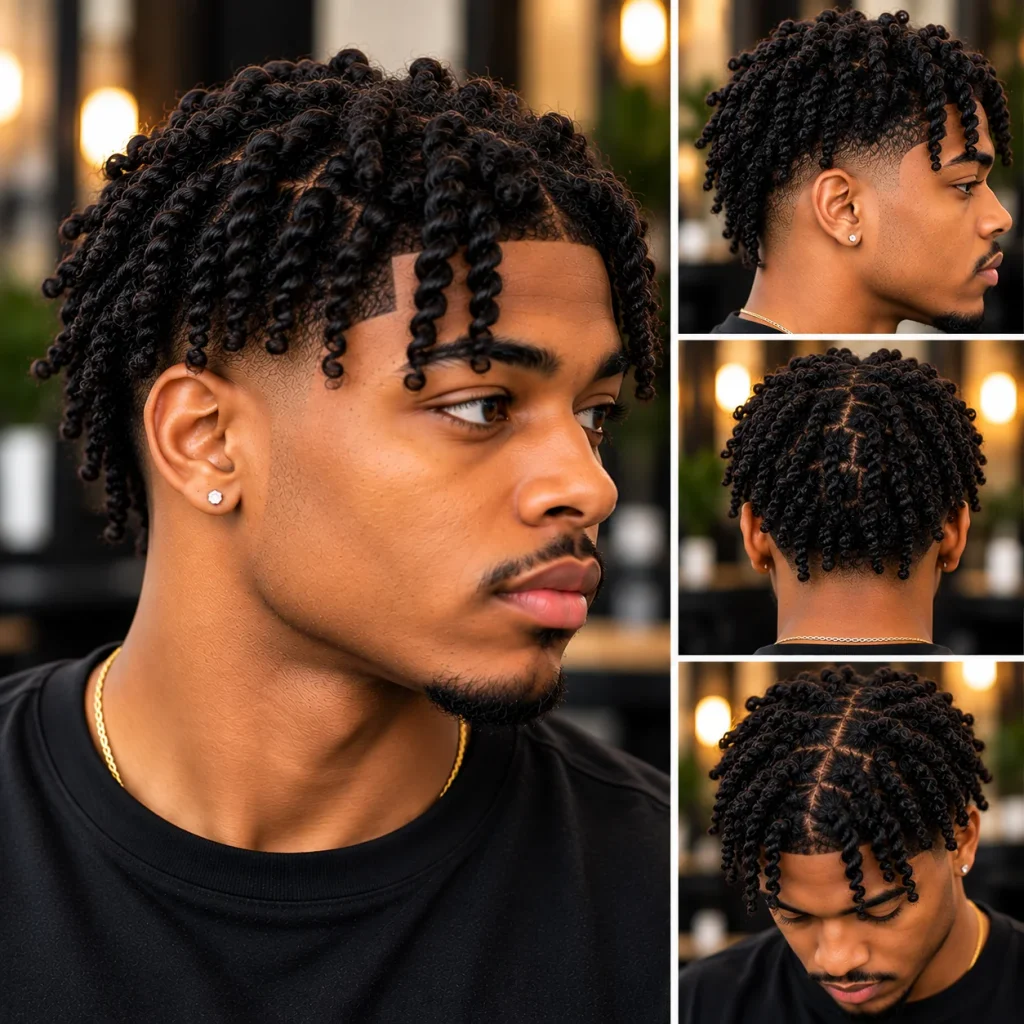 Black man showcasing defined two-strand twists and coils with a clean fade and precise line up.
